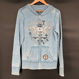 Affliction Women's Live Fast American Customs Zip-Up Hoodie XL Blue Y2k Skull